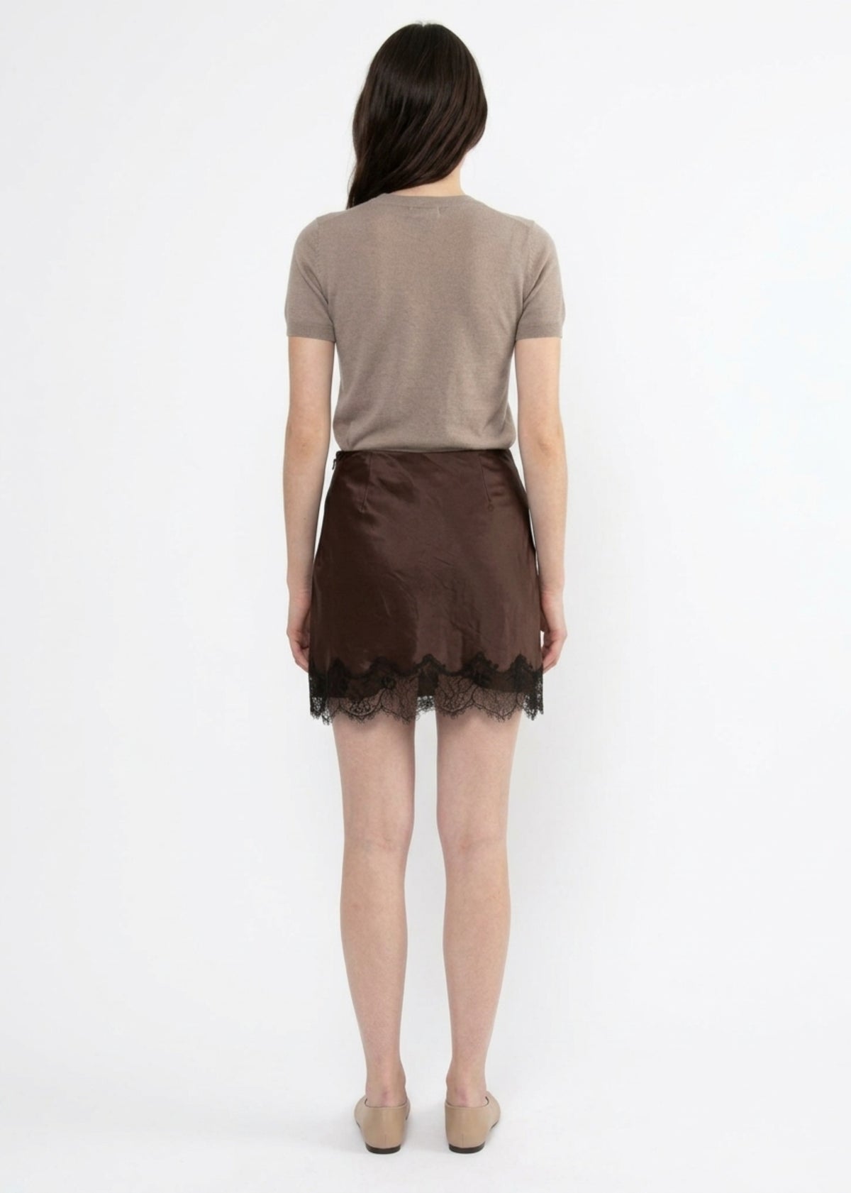 KIRA SATIN LACE TRIM MINI SKIRT IN CHOCOLATE
