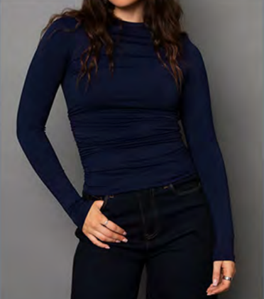 YVE FUNNEL NECK ROUCHED TOP-NAVY