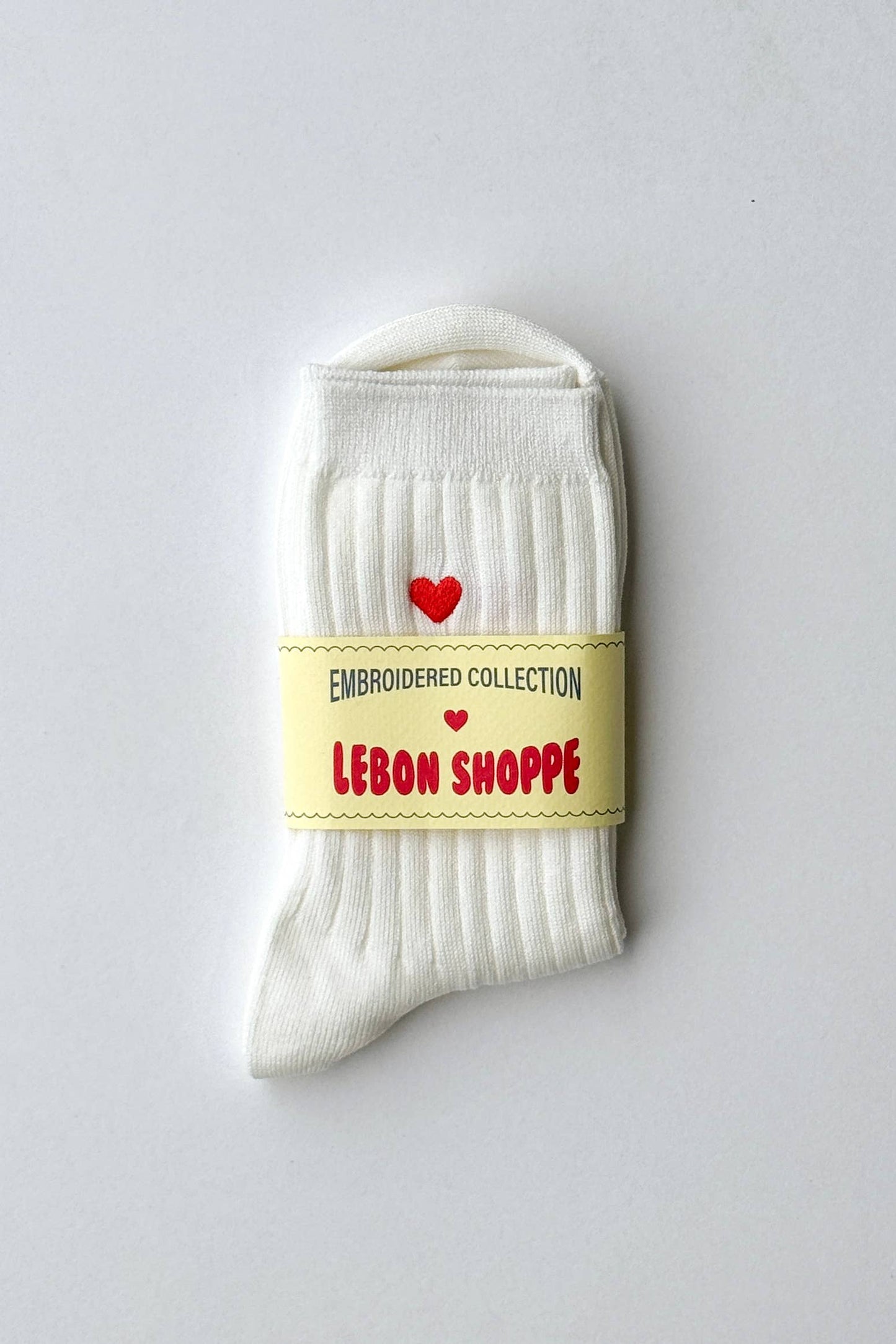 Embroidered Her Socks - Mercerized Combed Cotton Rib: Classic White + Heart