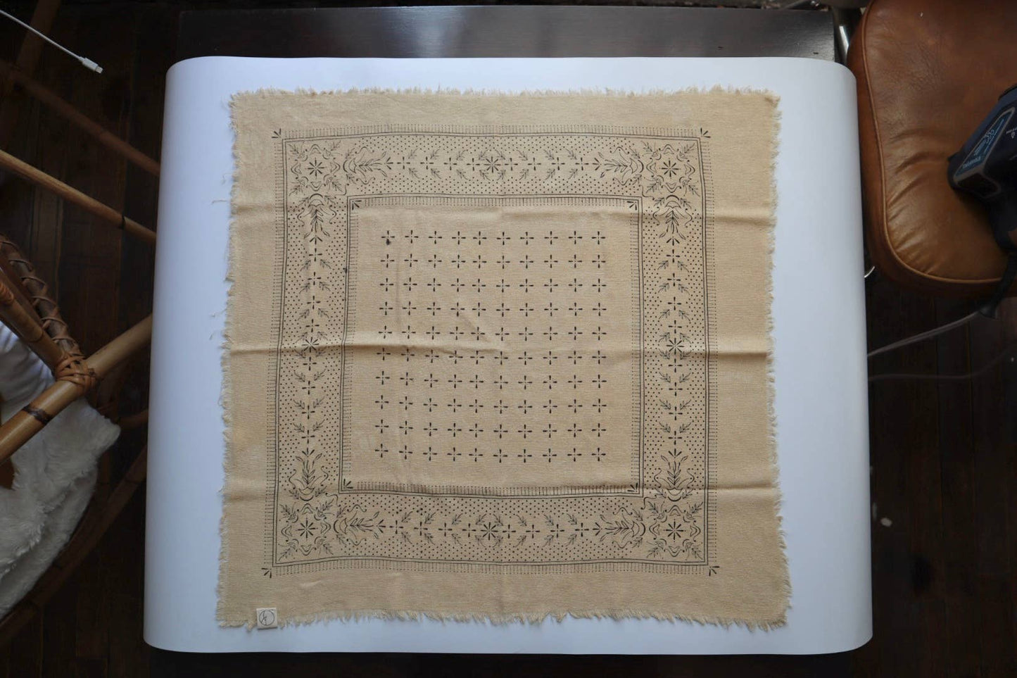 Oatmeal Classic Print Naturally Raw Silk Bandana -black ink