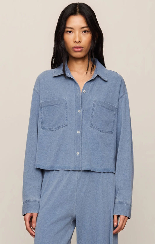 REESE CROPPED JERESEY DENIM BUTTON UP