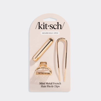 Mini Metal French Hair Pin & Clips 3pc Set - Gold