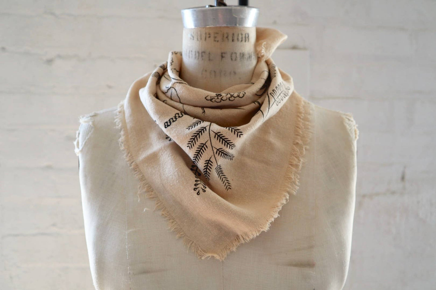 Oatmeal Botanical Print Naturally Raw Silk Bandana-black ink