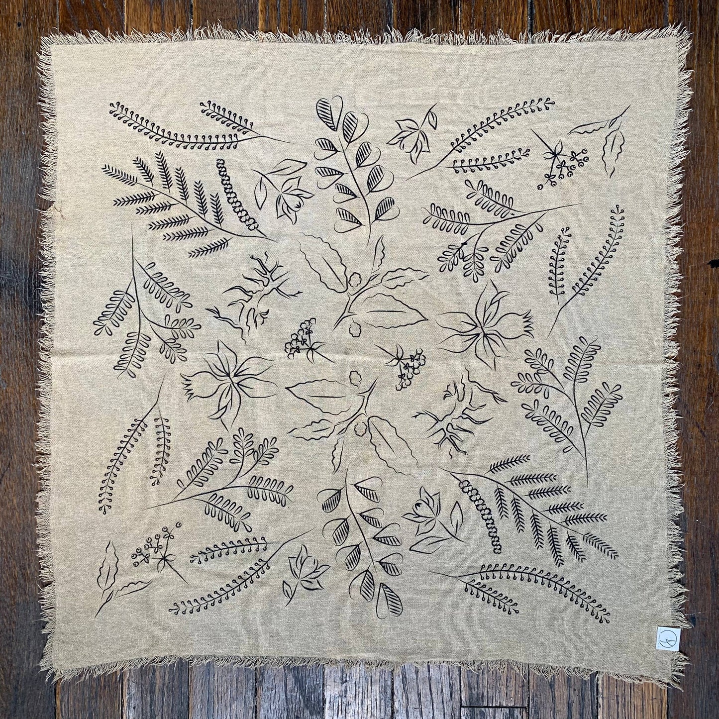 Oatmeal Botanical Print Naturally Raw Silk Bandana-black ink