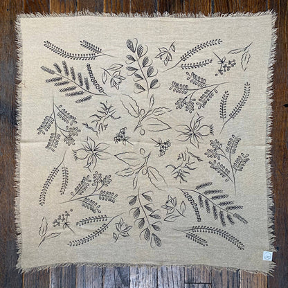 Oatmeal Botanical Print Naturally Raw Silk Bandana-black ink