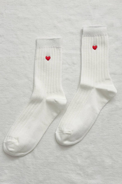 Embroidered Her Socks - Mercerized Combed Cotton Rib: Classic White + Heart