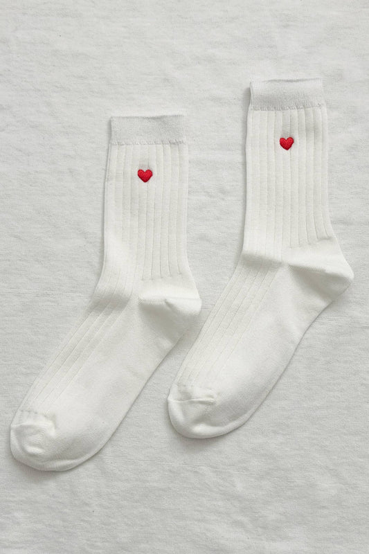 Embroidered Her Socks - Mercerized Combed Cotton Rib: Classic White + Heart