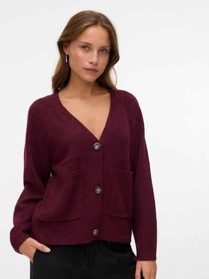 BOOM V-NECK BUTTON CARDIGAN IN WINDSOR WINE
