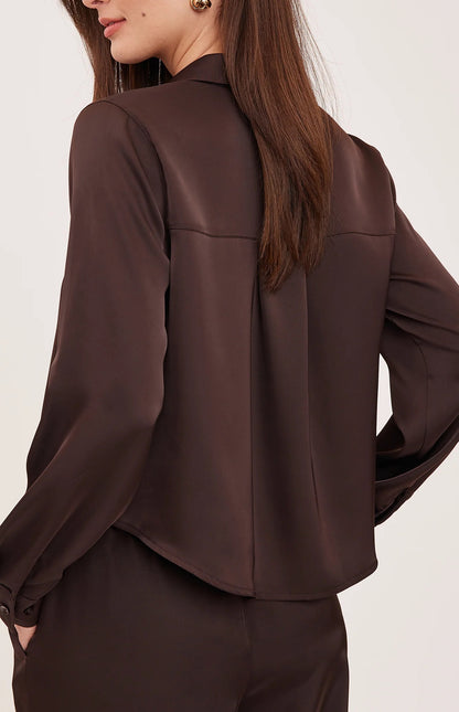 LEIGHTON SATIN BUTTON DOWN SHIRT IN ESPRESSO