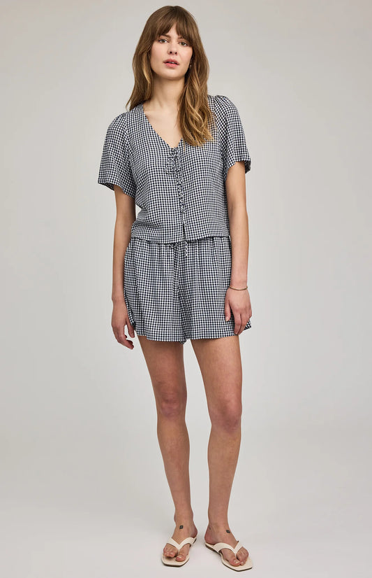 BECCA SHORT SLEEVE BLOUSE IN NAVY GINGHAM