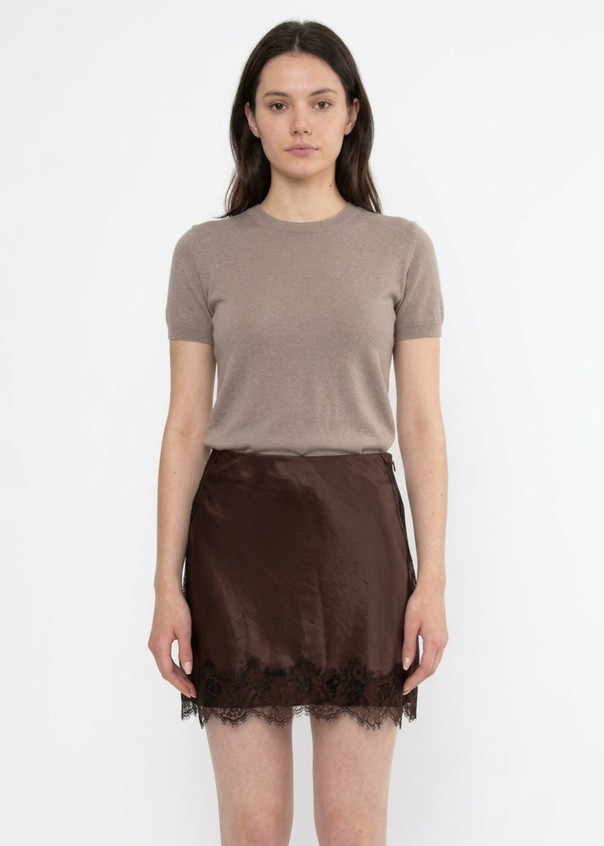 KIRA SATIN LACE TRIM MINI SKIRT IN CHOCOLATE