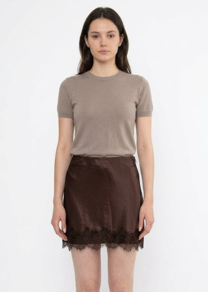 KIRA SATIN LACE TRIM MINI SKIRT IN CHOCOLATE