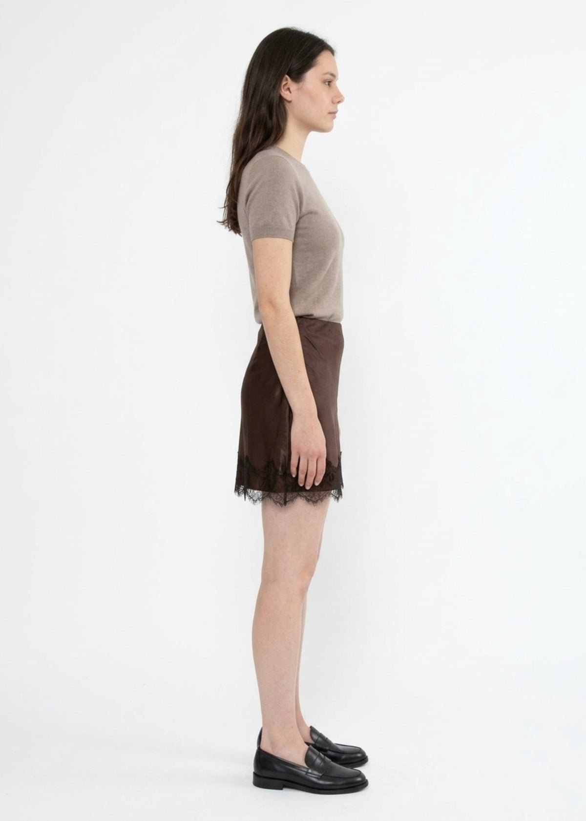 KIRA SATIN LACE TRIM MINI SKIRT IN CHOCOLATE