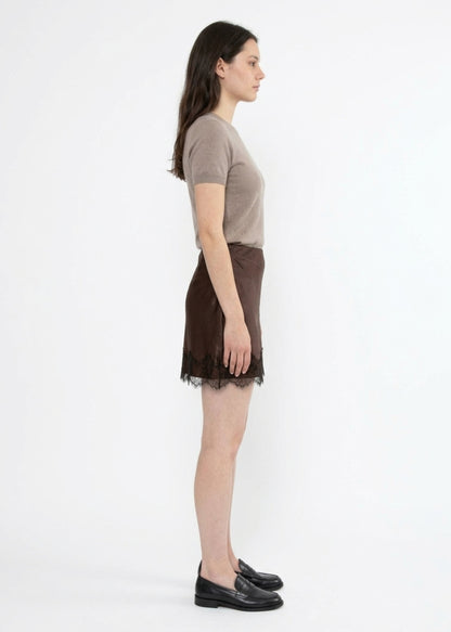 KIRA SATIN LACE TRIM MINI SKIRT IN CHOCOLATE