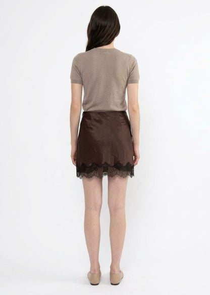 KIRA SATIN LACE TRIM MINI SKIRT IN CHOCOLATE