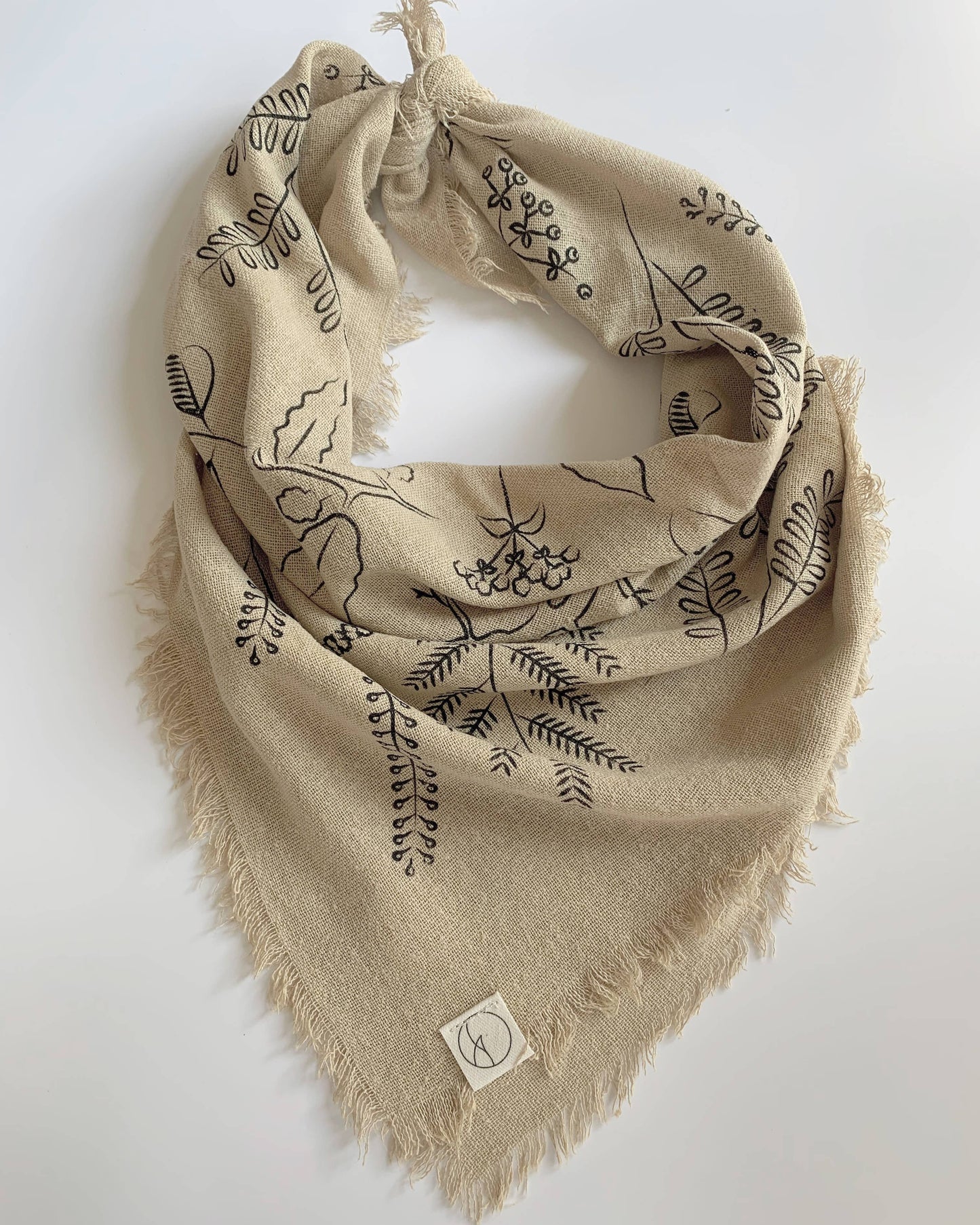 Oatmeal Botanical Print Naturally Raw Silk Bandana-black ink