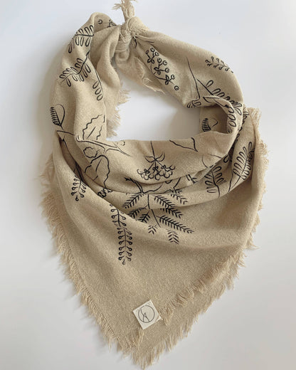 Oatmeal Botanical Print Naturally Raw Silk Bandana-black ink