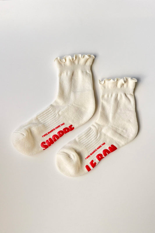 Ruffled Hugger Crew Socks in VANILLA / RED