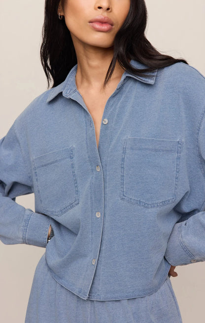 REESE CROPPED JERESEY DENIM BUTTON UP