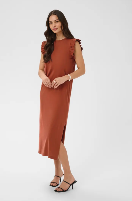 CELINA FLOUNCE DRESS IN HENNA