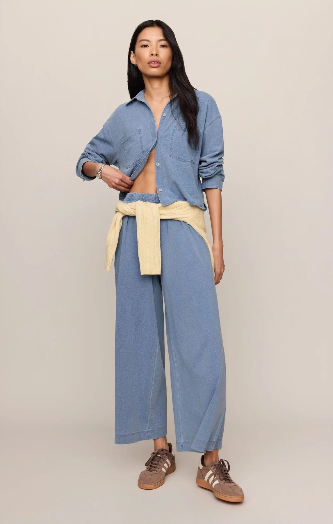 REESE CROPPED JERESEY DENIM BUTTON UP