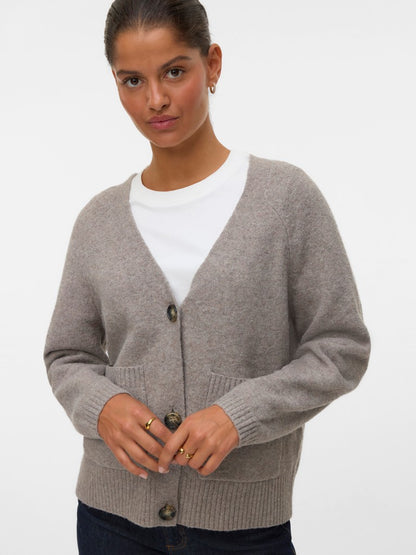BOOM V-NECK BUTTON CARDIGAN IN MOON ROCK