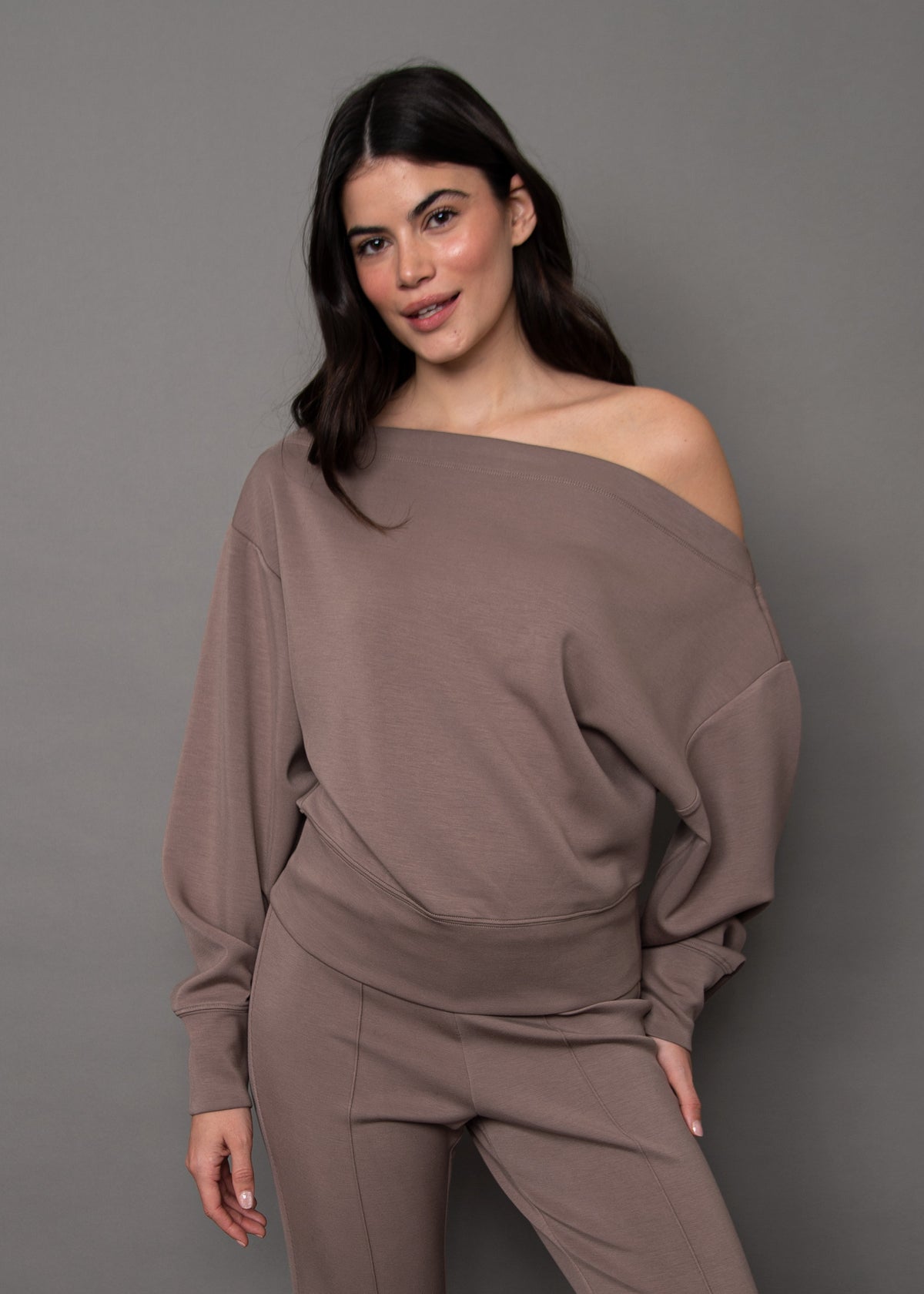 OPHELIE SIGNATURE SOFT KNIT LS OFF SHOULDER TOP