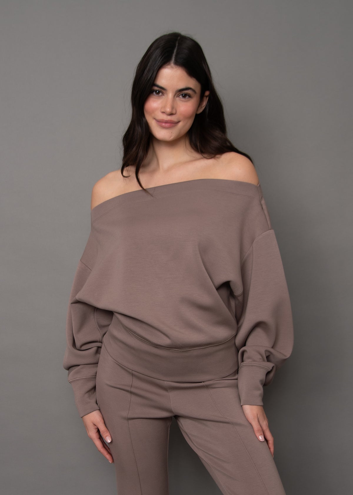 OPHELIE SIGNATURE SOFT KNIT LS OFF SHOULDER TOP