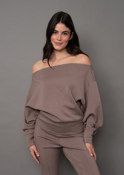OPHELIE SIGNATURE SOFT KNIT LS OFF SHOULDER TOP