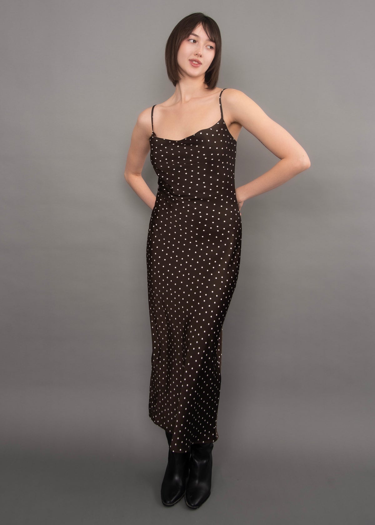 CARTIER POLKA DOT SATIN COWL NECK DRESS IN CHOCOLATE