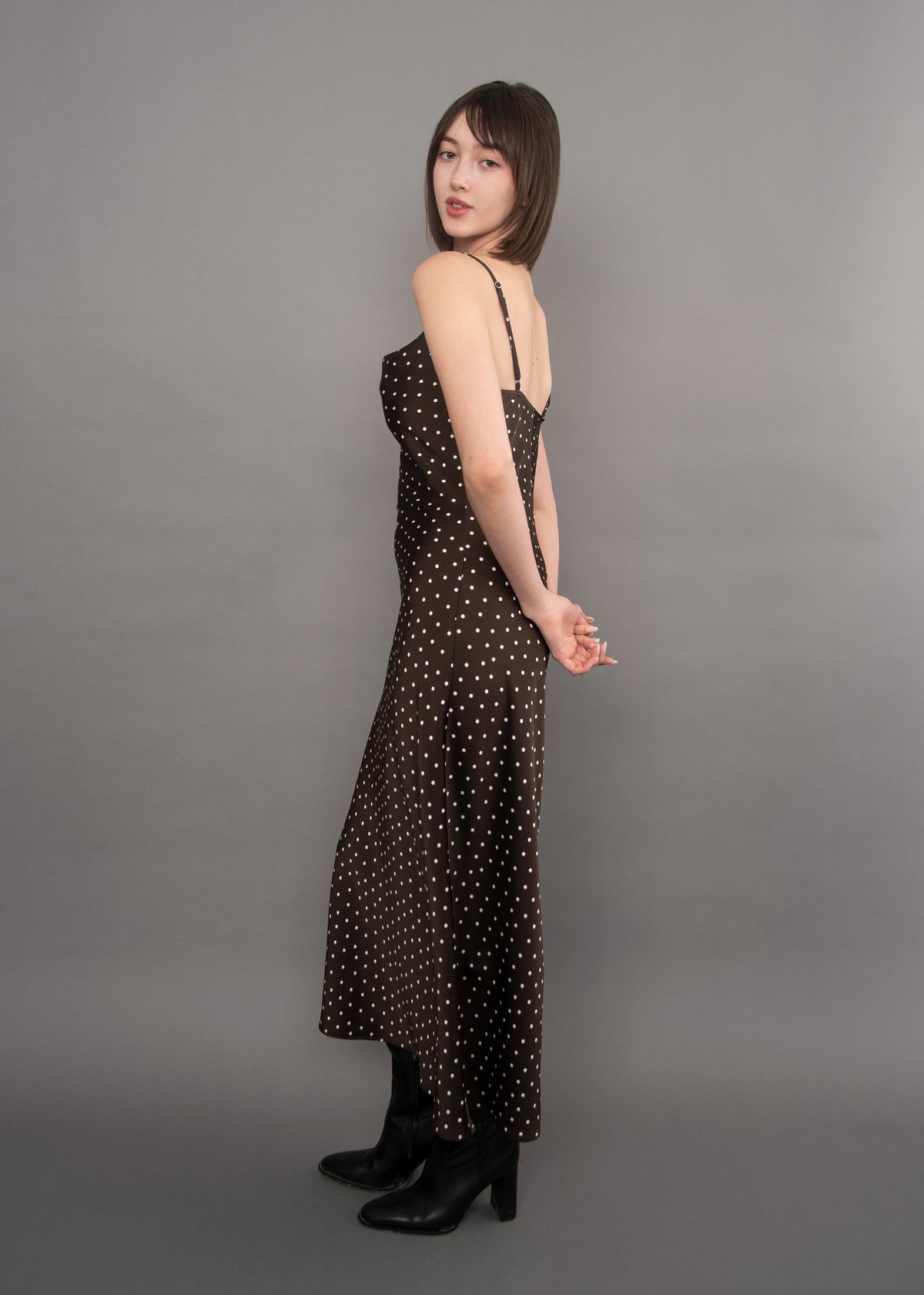 CARTIER POLKA DOT SATIN COWL NECK DRESS IN CHOCOLATE