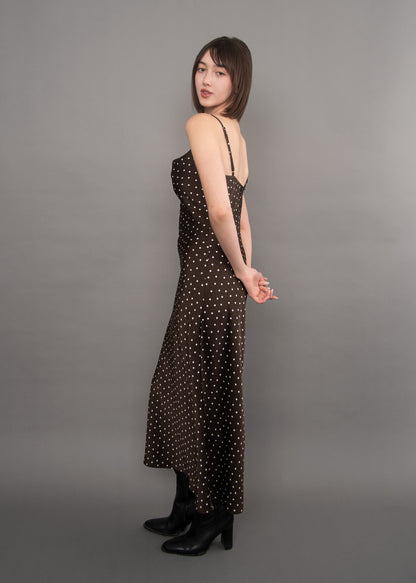 CARTIER POLKA DOT SATIN COWL NECK DRESS IN CHOCOLATE