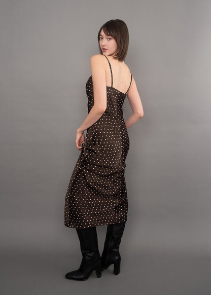 CARTIER POLKA DOT SATIN COWL NECK DRESS IN CHOCOLATE