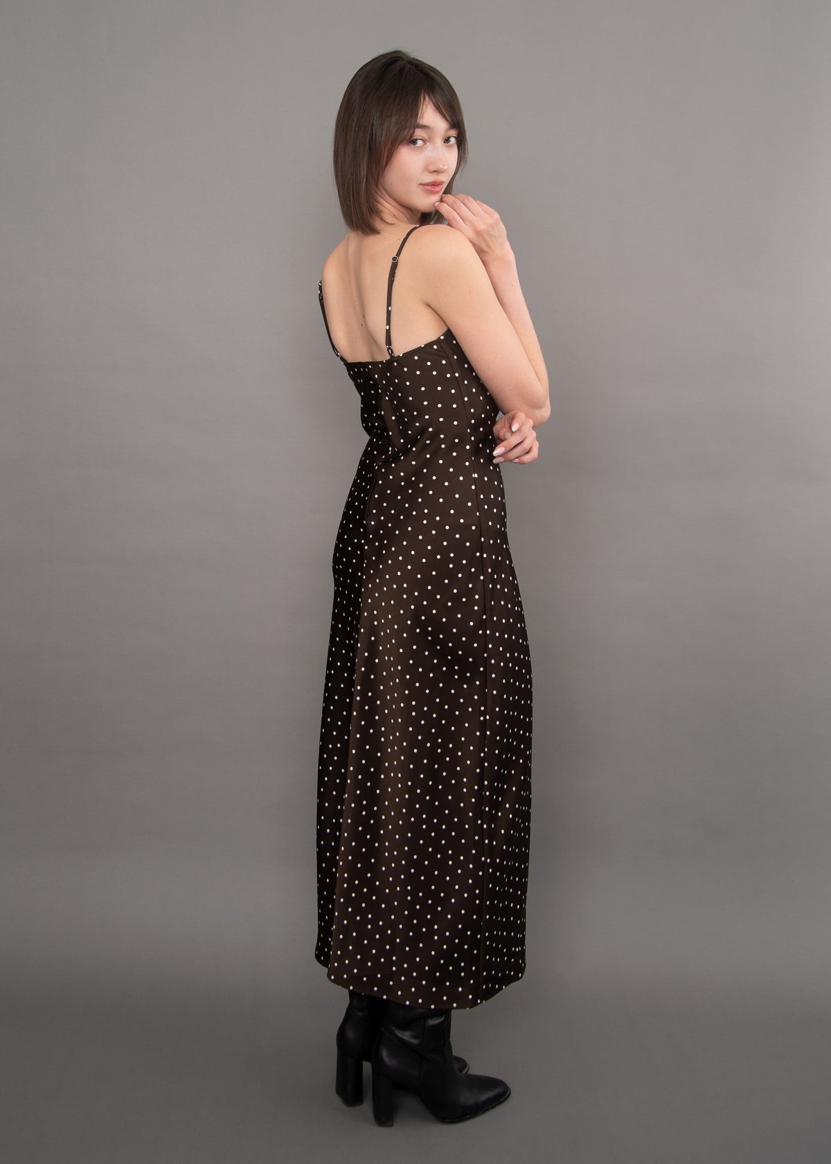 CARTIER POLKA DOT SATIN COWL NECK DRESS IN CHOCOLATE