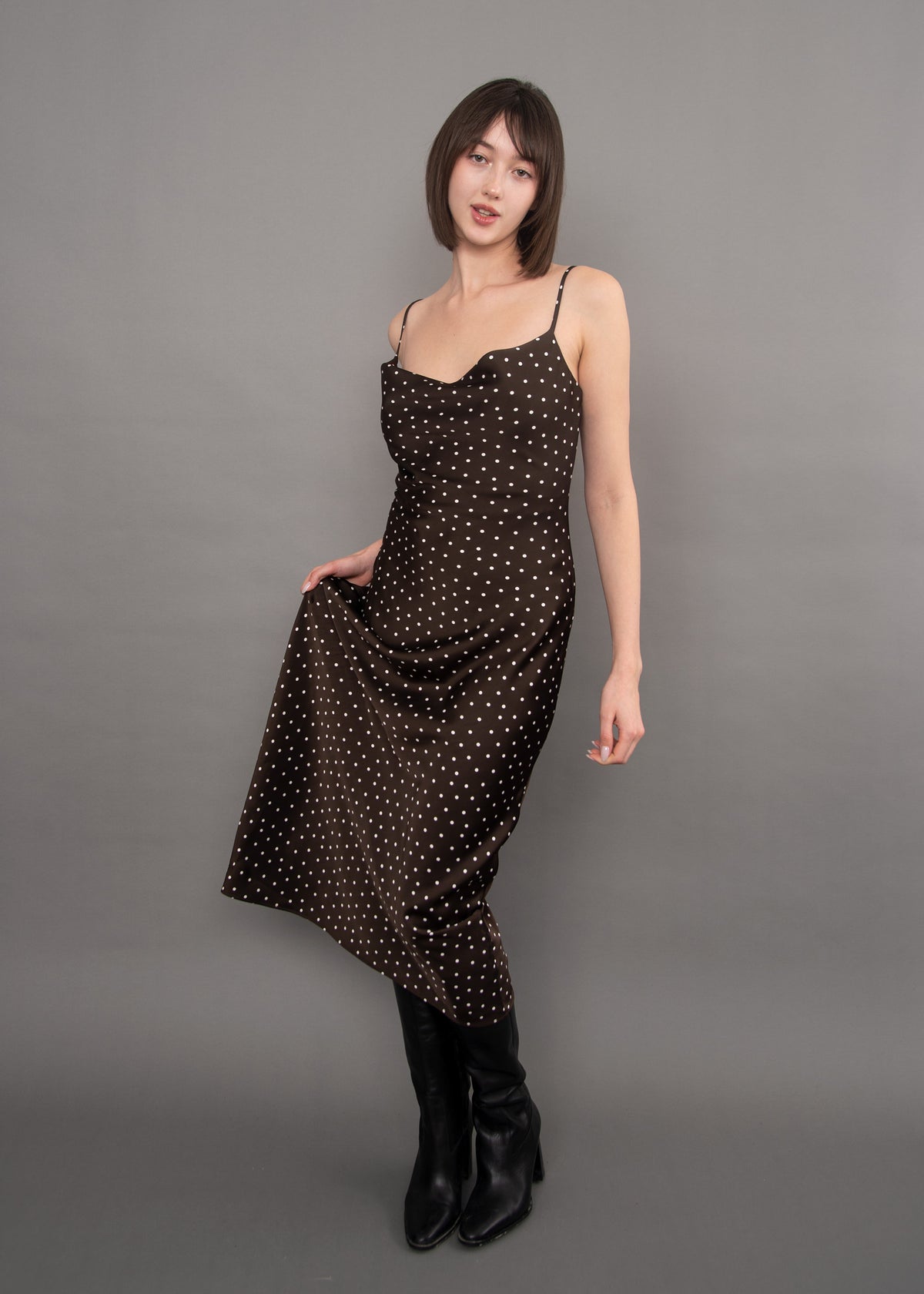 CARTIER POLKA DOT SATIN COWL NECK DRESS IN CHOCOLATE