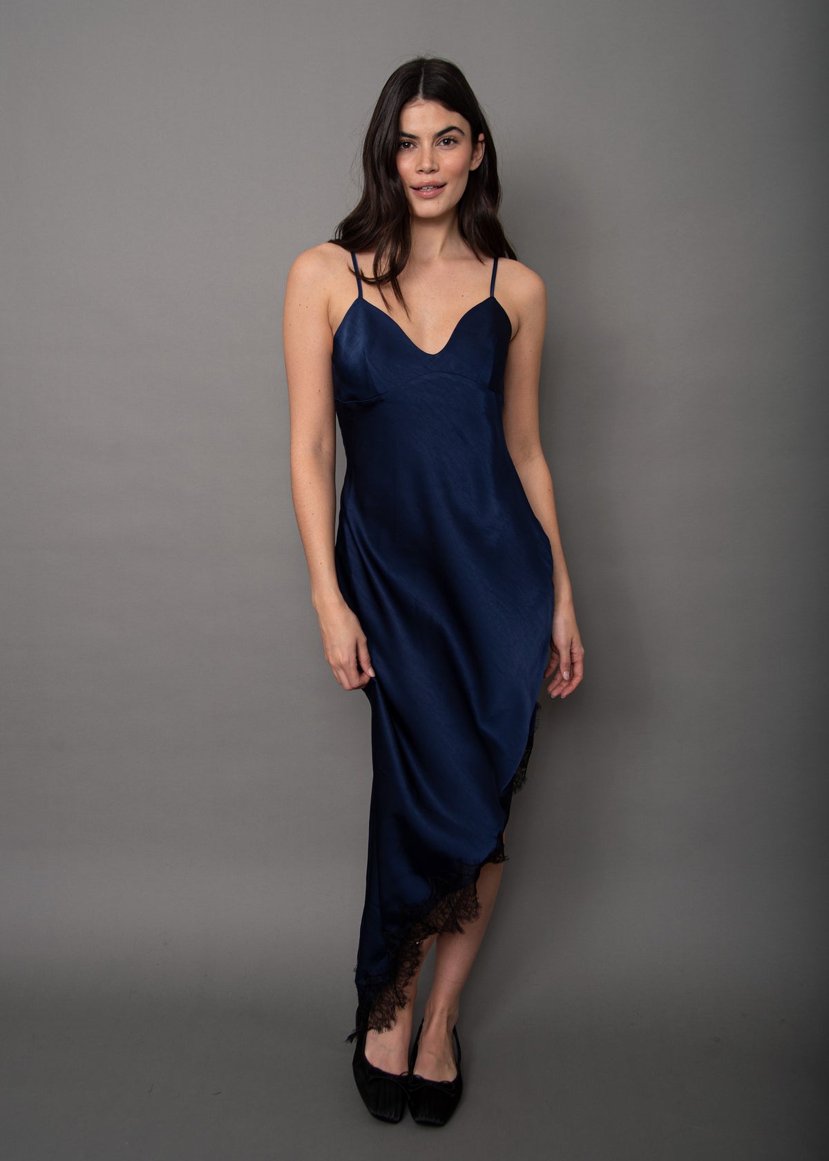 COLETTE SATIN ASYMETRIC DRESS IN NAVY