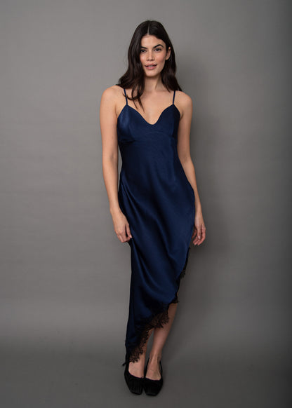 COLETTE SATIN ASYMETRIC DRESS IN NAVY