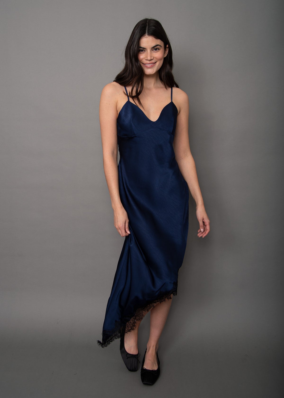 COLETTE SATIN ASYMETRIC DRESS IN NAVY
