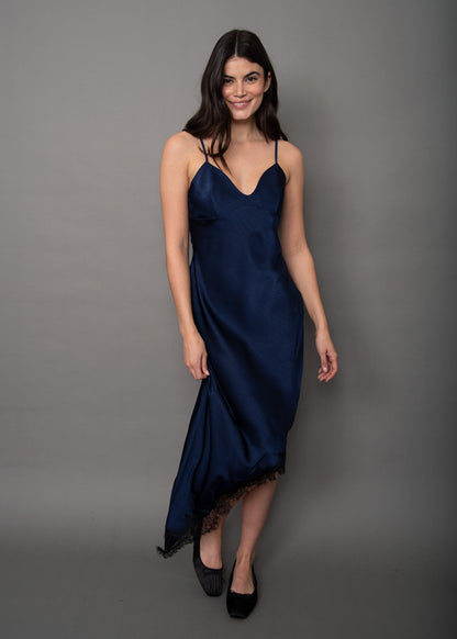 COLETTE SATIN ASYMETRIC DRESS IN NAVY