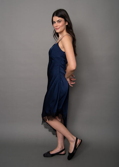 COLETTE SATIN ASYMETRIC DRESS IN NAVY