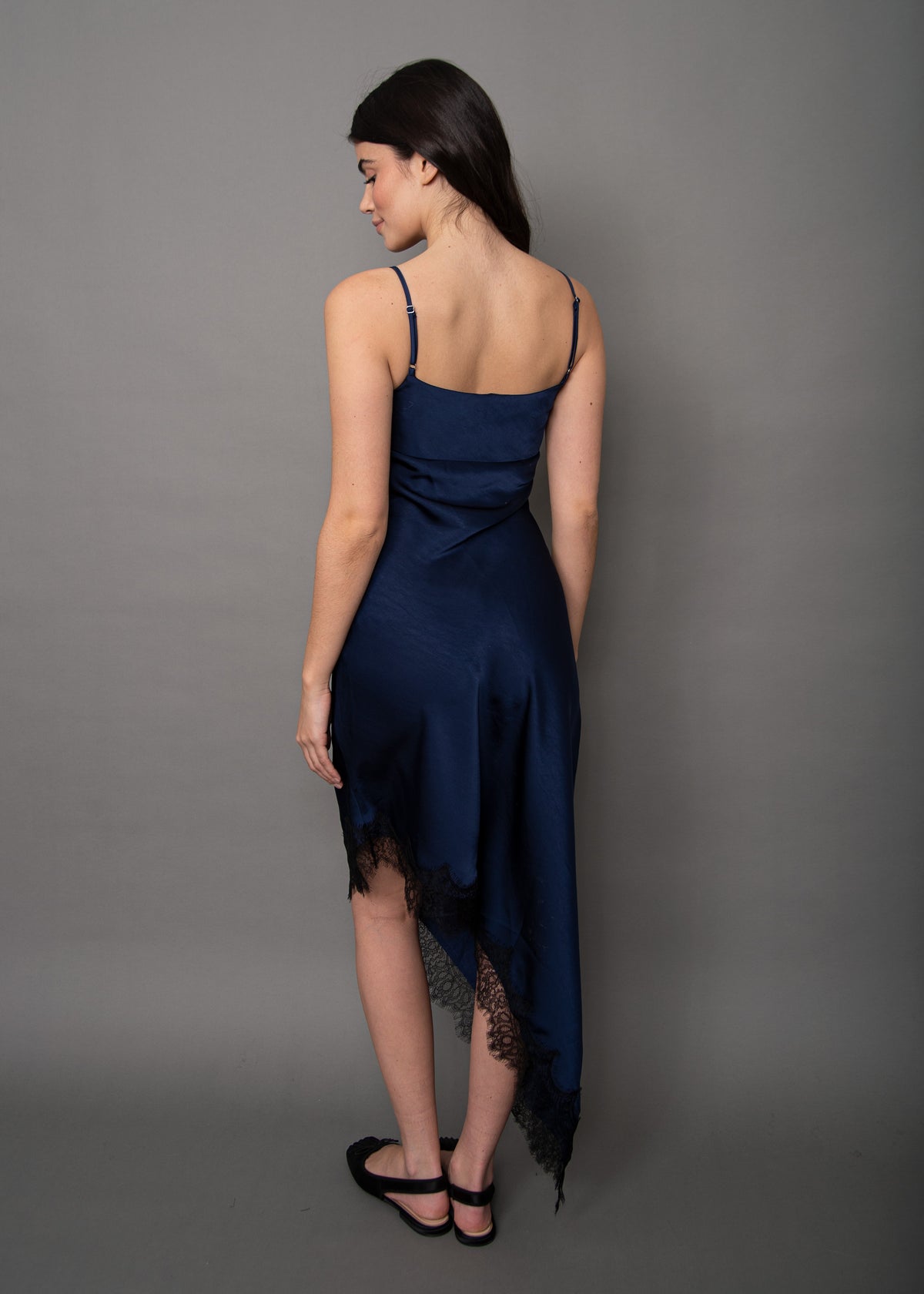 COLETTE SATIN ASYMETRIC DRESS IN NAVY