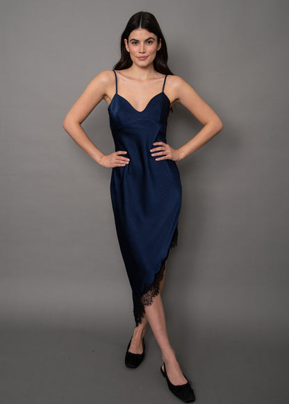 COLETTE SATIN ASYMETRIC DRESS IN NAVY
