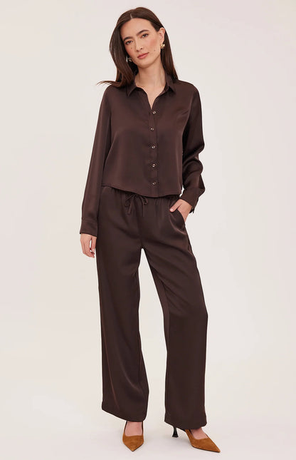 LEIGHTON SATIN BUTTON DOWN SHIRT IN ESPRESSO