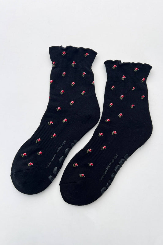 Petal Ruffled Hugger Crew Socks in Black Petal