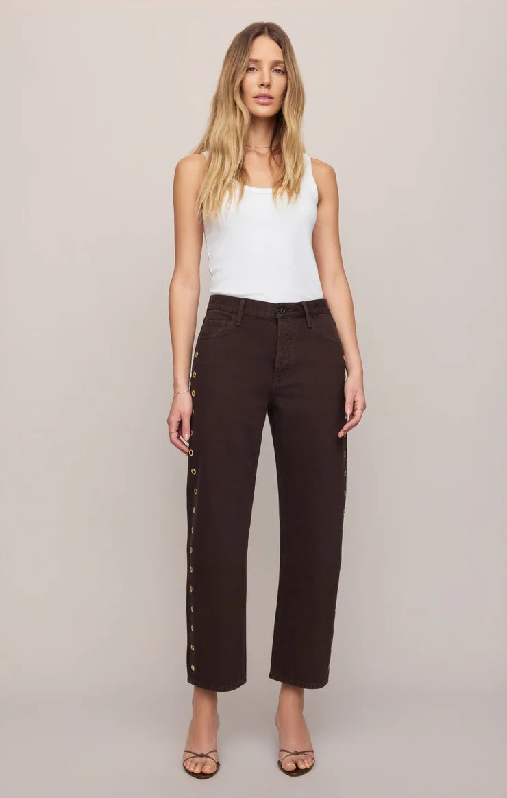 THE OFF DUTY MID-RISE BOWED ANKLE DENIM IN GILDED UMBER