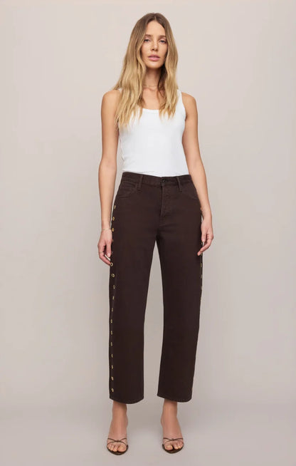 THE OFF DUTY MID-RISE BOWED ANKLE DENIM IN GILDED UMBER