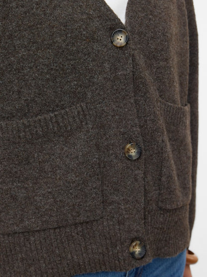BOOM V-NECK BUTTON CARDIGAN IN CHOCOLATE TORTE