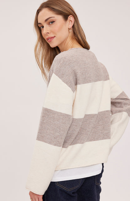 ANNALISE V-NECK PULLOVER - LATTE STRIPE