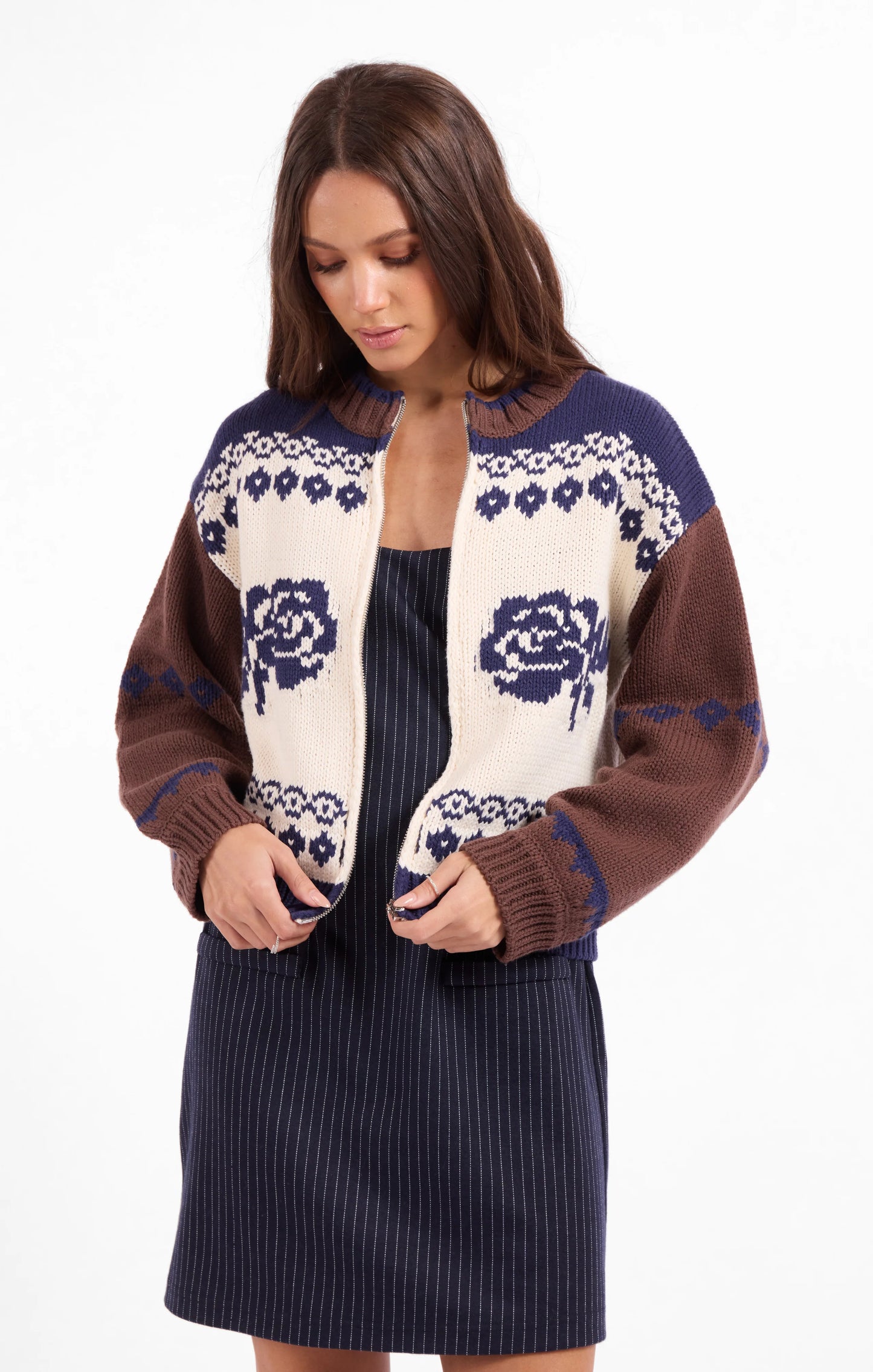 SWEET ROSE JACQUARD ZIP SWEATER JACKET