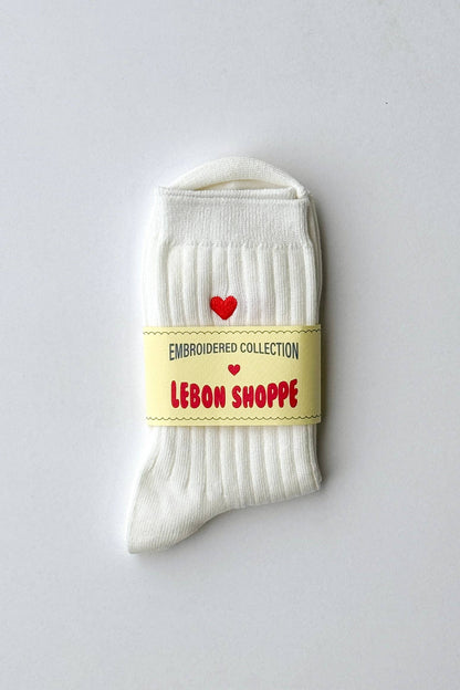 Embroidered Her Socks - Mercerized Combed Cotton Rib: Classic White + Heart